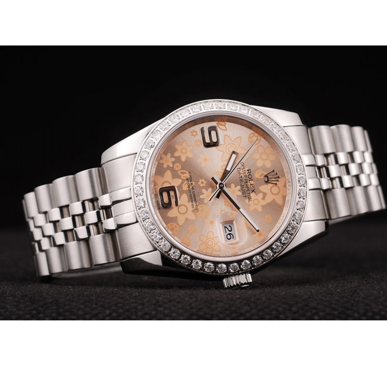 Aaa replica watch Flowers Rolex Orange Diamonds Plated Stainless Brushed Dial Steel DateJust Case 0818
